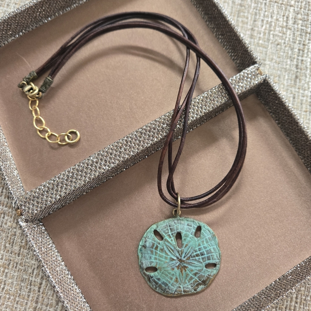 Elaine Coyne Verdigris Patina Sand Dollar Brass Leather Necklace